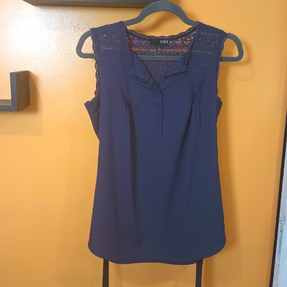 A.N.A Navy Blue Ruffle Sleeveless Blouse With Back Tie Size M - Picture 1 of 8